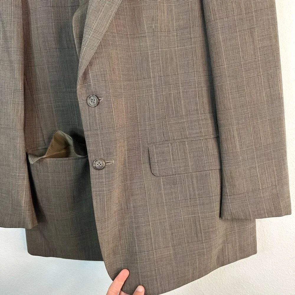 Savile Row Tan Wool Houndstooth‎ Plaid Blazer Sport Coat Mens 44 Preppy Heritage